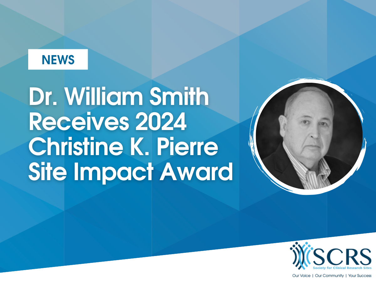 Blue geometric news graphic announcing the 2024 Christine K. Pierre Site Impact Award recipient, featuring a circular black-and-white headshot and the SCRS logo.